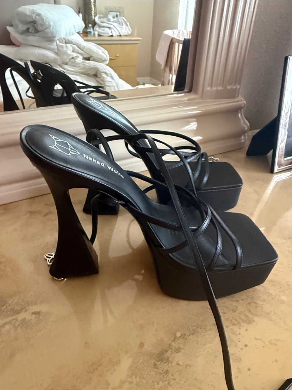Naked Wolfe Black Sculptural Lace-Up Platform Heels